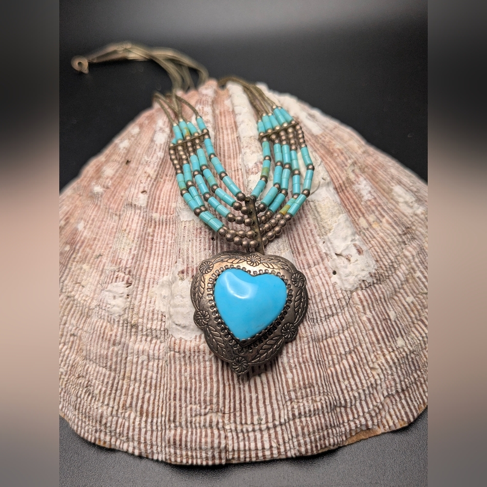 Vintage Sterling Silver Turquoise Necklace w 5 Strands Navajo Artist Signed